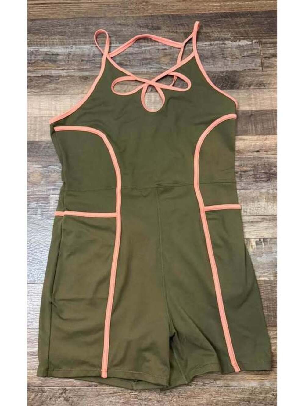 Free People Movement When She Wins Shortsie Romper Olive Green Coral Trim Large